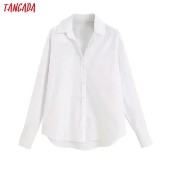 Tangada moterų pagrindinio kietos baltos spalvos marškinėliai ilgomis rankovėmis kietas elegantiškas biuras ponios darbo drabužiai palaidinės 6Z01