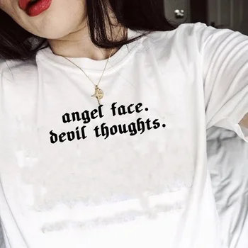 Kuakuayu HJN Moterų Angel Face Velnias Mintis T-Shirt 90s Hipsters Mielas Tee Grunge Stiliaus Mados Marškinėliai