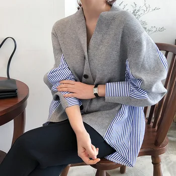 LANMREM korėjos naujas elegantiškas dryžuotas marškinėliai prarasti siūlėmis priekyje trumpas atgal ilgai, v-kaklo, megzti megztinis džemperis large dydis moterų