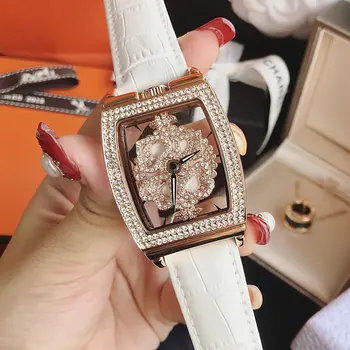 Prabangos prekės ženklo žiūrėti natūralios Odos Žiūrėti, Mada Moterims, Kvarciniai Laikrodžiai Šviečia Sukimosi Suknelė watch Big Diamond Laikrodis