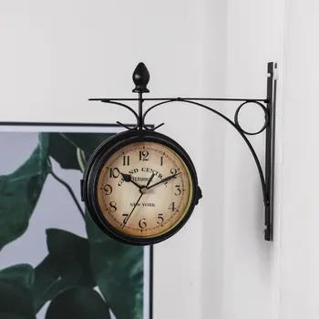 Lauko Laikiklis Laikrodis Sodo Stotis Sieninis Laikrodis Dvipusis Laikrodis Juodas/Baltas Retro Europos Stiliaus Apdaila FP8