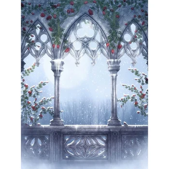 Senoji Pilis Balkonas Fotografijos Backdrops Atspausdintas Raudonos Gėlės Vynuogynų Pilnatis Snaigės Žiemą Vaizdingas Šalies Nuotrauka Fone