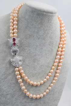 2rows gėlavandenių perlų, rausvos netoli raundas 8-9mm necklace17-19inch FPPJ didmeninė karoliukai pobūdis
