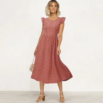 2020 Mados Boho Suknelės Moterims Gėlių Spausdinti Pynimas Suknelė Bžūp Rankovėmis Elastinga Atgal Bohemijos Holiday Beach Suknelė Atsitiktinis Midi Suknelė