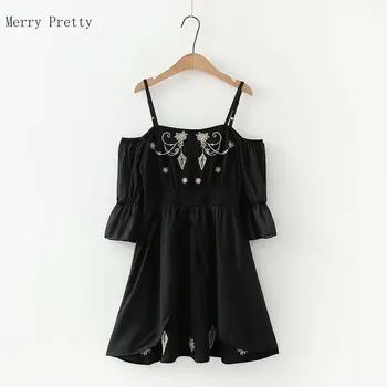 Juodos spalvos Gėlių Siuvinėjimas Negabaritinių S-XL Spageti Dirželis Suknelės Moterims Velniop Kaklo Sluoksniuotos Rankovėmis Mini-line Suknelė Lolita Stiliaus Suknelė