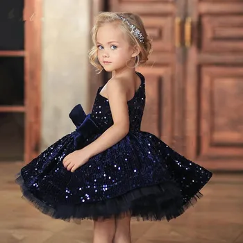 Vaikai Blizgučiai Šalis Suknelės, Uždusęs Royal Blue Mergaitė Princesė Chalatai Vieną Petį, Gėlių Mergaičių Suknelės Vaikams, Kūdikių Prom Drabužiai