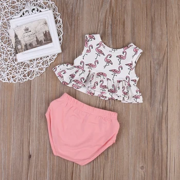 2vnt/Komplektas 2017 Mielas Naujagimiui Baby Girl Drabužiai be Rankovių Flamingo Raukiniai T-shirt +Gama Nuosėdos Outifts Sunsuit
