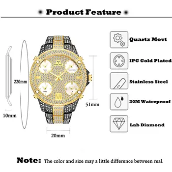 MISSFOX 51MM Negabaritinių Didelis Ciferblatas Prabangių Laikrodžių Vyrams Deimantas, Angliškas Atveju Su 5 Kvarco Movt Analoginis Vyrų Gold Verslo Riešo Žiūrėti