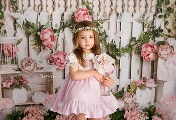 Avezano Merginos Fotografijos Foną, Medienos Tvora, Pink Gėlių žali Lapai Kūdikio Portretas Fone Dekoro fotostudija Photocall