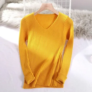 2020 m. pagrindinis v-kaklo vientisos spalvos rudenį ir žiemą megztinis megztinis moterims moteriški megztiniai megztinis ilgomis rankovėmis slim