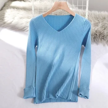 2020 m. pagrindinis v-kaklo vientisos spalvos rudenį ir žiemą megztinis megztinis moterims moteriški megztiniai megztinis ilgomis rankovėmis slim