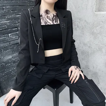 InsGoth Moterų Punk, Gothic Black Švarkas Harajuku Streetwear Metalo Grandinės Kratinys Kostiumas Office Ponios Važinėti Trumpas Kailis