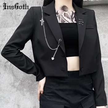InsGoth Moterų Punk, Gothic Black Švarkas Harajuku Streetwear Metalo Grandinės Kratinys Kostiumas Office Ponios Važinėti Trumpas Kailis
