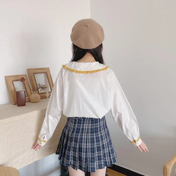2020 M. Pavasarį Moterys, Balta Palaidinė Peter Pan Apykaklės Saulėgrąžų Siuvinėjimo Blusas Japonijos Preppy Stilius Mielas Kawaii Lolita Girl Viršūnės