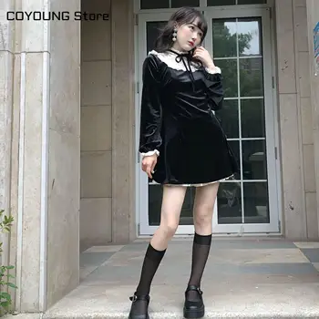 2020 m. Derliaus Gothic Lolita Dress Merginos Japonijos Nėrinių Kratinys Nėriniai-up Stovas Aksomo Apykakle Mini Suknelė Moterims Punk Suknelės
