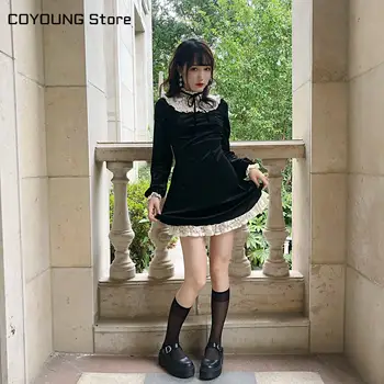 2020 m. Derliaus Gothic Lolita Dress Merginos Japonijos Nėrinių Kratinys Nėriniai-up Stovas Aksomo Apykakle Mini Suknelė Moterims Punk Suknelės