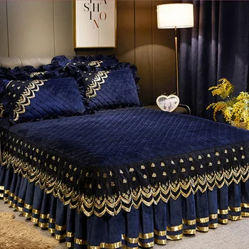 Prabanga dygsniuotas nėrinių lova padengti 1/3pcs kristalų aksomo, lovatiesės vientisos spalvos šiltas čiužinys padengti skirted priešslydžio sistema lova padengti