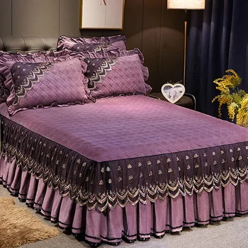 Prabanga dygsniuotas nėrinių lova padengti 1/3pcs kristalų aksomo, lovatiesės vientisos spalvos šiltas čiužinys padengti skirted priešslydžio sistema lova padengti