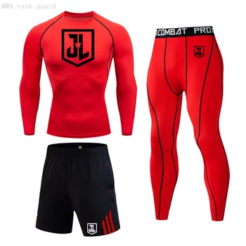 Teisingumo lyga Suspaudimo Sportinę 3 gabalas tracksuit Vyrai Veikia T-shirt bėgiojimas antblauzdžiai Sporto Šortai MMA sąjungos kostiumas Vyrams