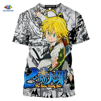 SONSPEE Anime Septynios Mirtinos Nuodėmės, vyriški T-shirt 3D Spausdinimo Japonijoje Manga Moterų Vasaros Laisvalaikio Salė Marškinėliai Meliodas Estarossa Draudimas