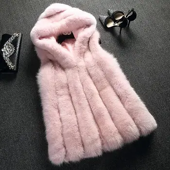 Naujas kailio liemenė dirbtiniais lapės kailio apsiaustą su gobtuvu liemenė vertikali juostelė vidutinio ilgio liemenė, moterų Žiemos Striukė Outwear casaco feminino