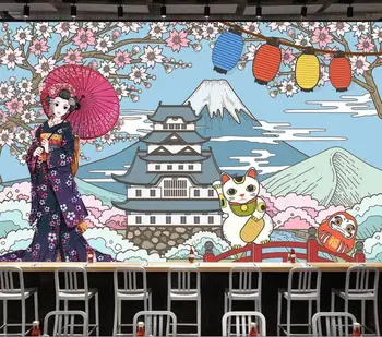 Japonų kimono grožio Japonų restoranas sushi skanus maistas kombinezonai fone sienų apdaila, tapetai freskomis