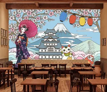 Japonų kimono grožio Japonų restoranas sushi skanus maistas kombinezonai fone sienų apdaila, tapetai freskomis