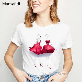 Iliustracija gėlės raudona rožė, sijonas, print t-shirt moterims, drabužiai 2019 