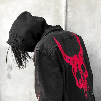 2020 Harajuku Gotikos Demon Hunter Skull juodos džinsinio striukė vyrams Rock, punk sunkiųjų metalų Palaidinukė petnešos skylę streetwear