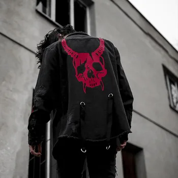 2020 Harajuku Gotikos Demon Hunter Skull juodos džinsinio striukė vyrams Rock, punk sunkiųjų metalų Palaidinukė petnešos skylę streetwear