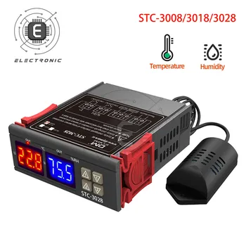 STC-3008 3018 3028 Dual Skaitmeninis Temperatūros Reguliatorius Drėgmėmačiu C/F Termostatas Inkubatoriuje Dvi Relės Išėjimo 110V, 220V, 12V 24V