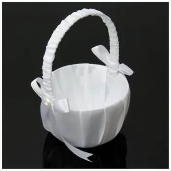 Vestuvių krepšelį gėlių nuotaka krepšius, White Satin Bowknot PEARL Gėlių Mergaitė Krepšelį Konteinerių Vestuvių Ceremonija Šalis