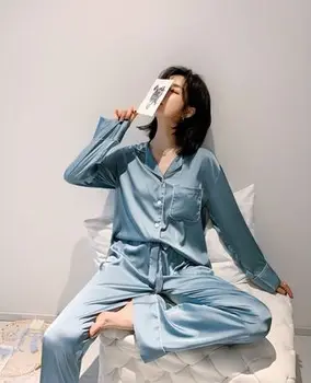 Šilko Satino Seksuali Pižama Rinkiniai Moterims, Europos Prabangos Ilgomis Rankovėmis Pižamos Sleepwear Negabaritinių 2 Vnt Pijama Su Maišeliu