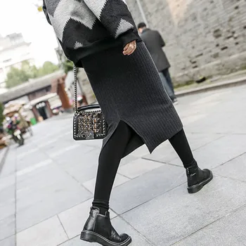 2020 m. Rudenį, Žiemą, Moterų Ilgas Sijonas Elastinga Juosmens Šilta Megzta Tiesiai Plonas Elegantiškas Juodos spalvos Pieštuku Sijonai faldas jupe femme