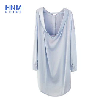 HNMCHIEF Mėlyna Seksualus Backless Sleepshirts Moterų Mygtuką Trikotažo Suknelė ilgomis Rankovėmis Palaidinė Skraiste Femme Šilko Satino Sleepwear