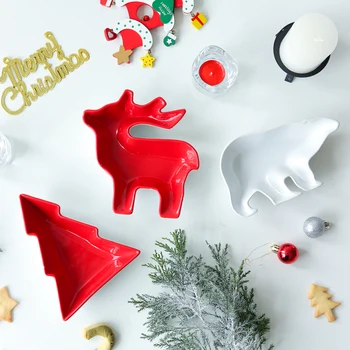 Linksmų Kalėdų Dovanos Kūrybinės Keramikos Desertai Plokštės Mielas Raudona Briedžių Medžių Aštrus Porceliano Džiovintus Vaisius Baltasis Lokys Pusryčių Patiekalai