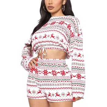 2020 m. Žiemą, Rudenį Naują Atsitiktinis Moterų Kalėdų Pajama Komplektai Sleepwear Namų drabužiai Ponios Print Long Sleeve Top+Shorts Kalėdos Drabužiai