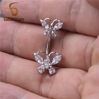 G23titan dvipusės Crystal Butterfly Pilvo Žiedai Balti Kristalų 14G Titano Juosta Bamba Pradurta Žiedas Moterų Kūno Papuošalai