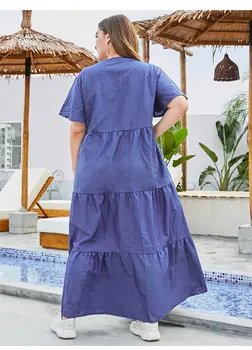 Naujas 2021 m. vasarą plius dydis ilga suknelė moterims trumpomis rankovėmis prarasti mėlynos spalvos gėlių siuvinėjimas, gėlių sūpynės paradinėmis 4XL 5XL 6XL 7XL