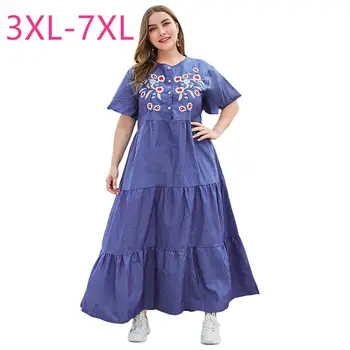 Naujas 2021 m. vasarą plius dydis ilga suknelė moterims trumpomis rankovėmis prarasti mėlynos spalvos gėlių siuvinėjimas, gėlių sūpynės paradinėmis 4XL 5XL 6XL 7XL