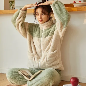 Žiemą Storas Šiltas Pižamas Rinkiniai Moterims Flanelė Plius Dydis Sleepwear Ilgomis Rankovėmis Pižamą Homewear Prarasti Atsitiktinis Pižamos Komplektas