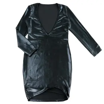 Juodos spalvos Moteriški Giliai V-kaklo Latekso Tvarstis Bodycon Suknelė ilgomis Rankovėmis Wetlook Odos Karšto Mini Suknelės Moterų Kokteilis Kostiumas