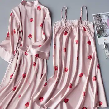 2VNT Nustatyti Moterų pižamą Vasaros Sleepshirt Plius Dydis Moterų Sleepwear Sexy Lady Šilko Nighty Rankovių Gėlių Miego Drabužiai