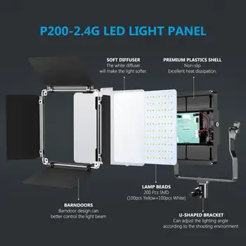 Neewer 2-Pack LED Vaizdo Šviesos, su Stovu Bi-color 200 SMD CRI 94+/-U-Laikiklis/Barndoor/LCD Ekranas/Metaliniu korpusu Vaizdo Apšvietimo Rinkinys