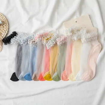 Moterų vasaros plonas nėrinių gėlių stiklo, šilko kojinės vientisos spalvos Japonijos saldus studentų kvėpuojantis kojinės