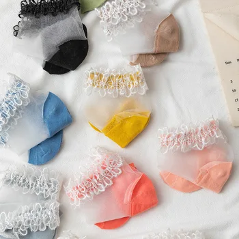 Moterų vasaros plonas nėrinių gėlių stiklo, šilko kojinės vientisos spalvos Japonijos saldus studentų kvėpuojantis kojinės