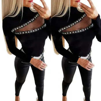 Moterų Marškinėliai Rudenį Long Sleeve Black Top Puloveris Įgulos Kaklo Megztinis Punk Jersey Sexy Žvejybos Tinklas Šalis Clubwear Derliaus Palaidinukės