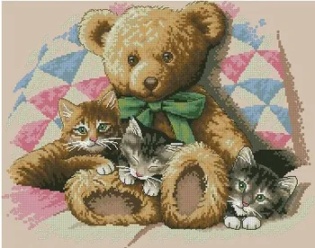 Nemokamas Pristatymas Aukščiausios Kokybės Skaičiuojami Kryželiu Rinkinys Teddy ir Kačiukai, Katės, Katė dim 35236