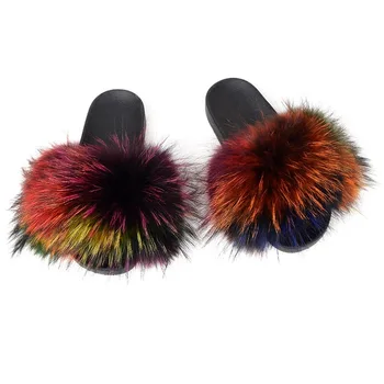 Kailio šlepetės Fox Fur Moterų Vasaros Išorinis Dėvėti korėjos Versija Mados Butas Laukinių Raudona Sandalai moterims, batai Purus sandalai