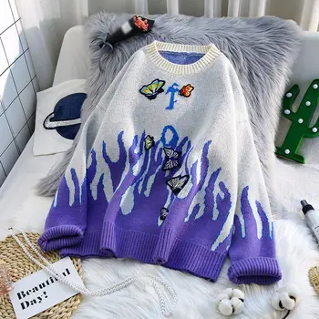 Gaisro Drugelis Siuvinėjimo Megztiniai Moterims Rudenį Megztinius Ilgomis Rankovėmis Negabaritinių Puloveriai Moterų Žiemos Steertwear Ponios Megztiniai